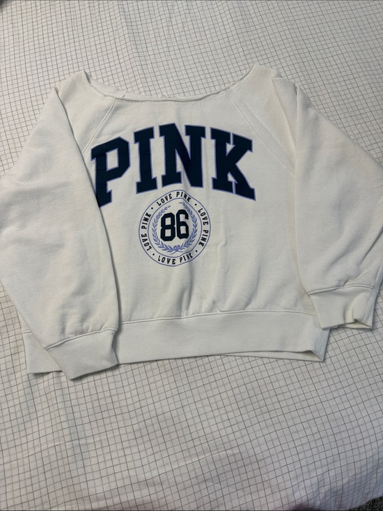 PINK Victoria's Secret Tops - PINK Victoria's Secret White Sweatshirt with Navy Logo